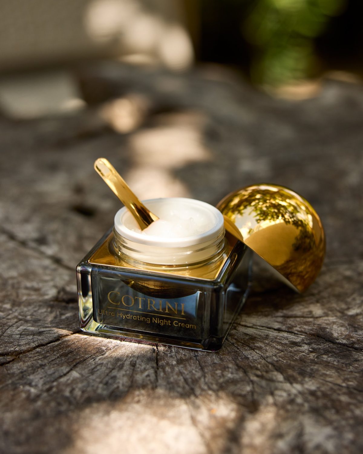 Open Night Cream jar and gold dome lid on a sunlit wooden stump