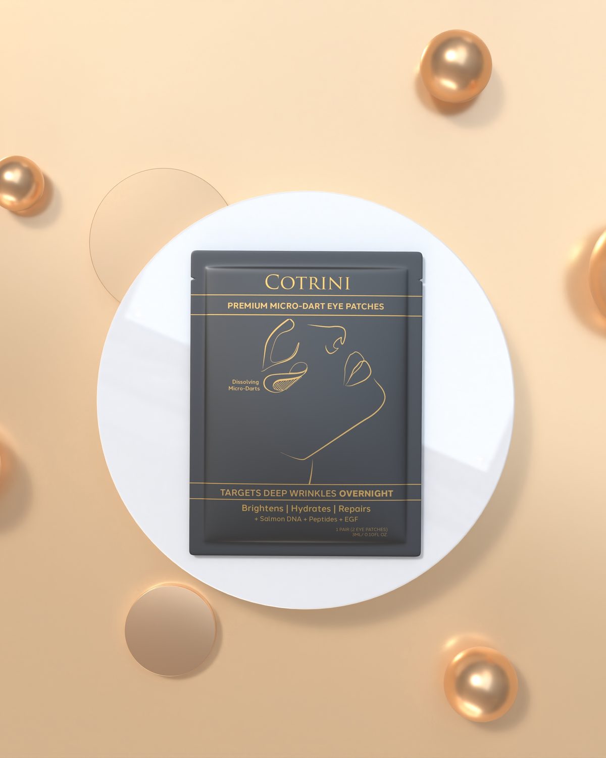 Cotrini Micro‑Dart Eye Patches pouch among gold pearls
